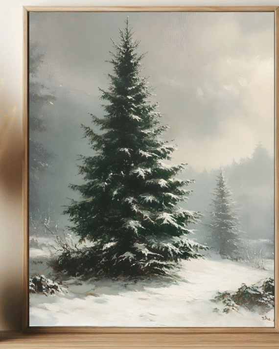 Vintage Evergreen Tree Print Christmas Wall Art